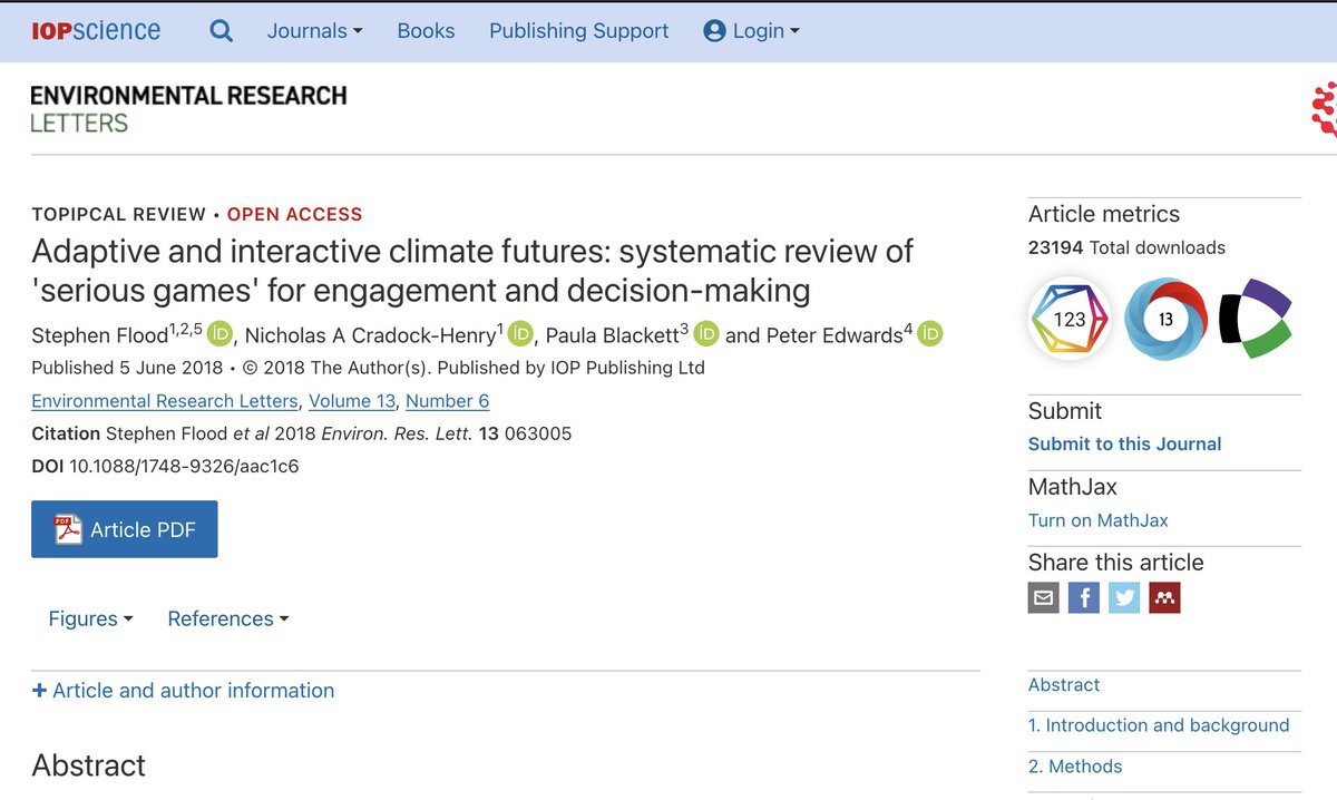 Looking forward to further collaborations :) And updating this 2018 paper with @ChiaraCocconut et al. to take a snap shot of where we are at and how serious games in Climate Change Adaptation has advanced since then iopscience.iop.org/article/10.108…