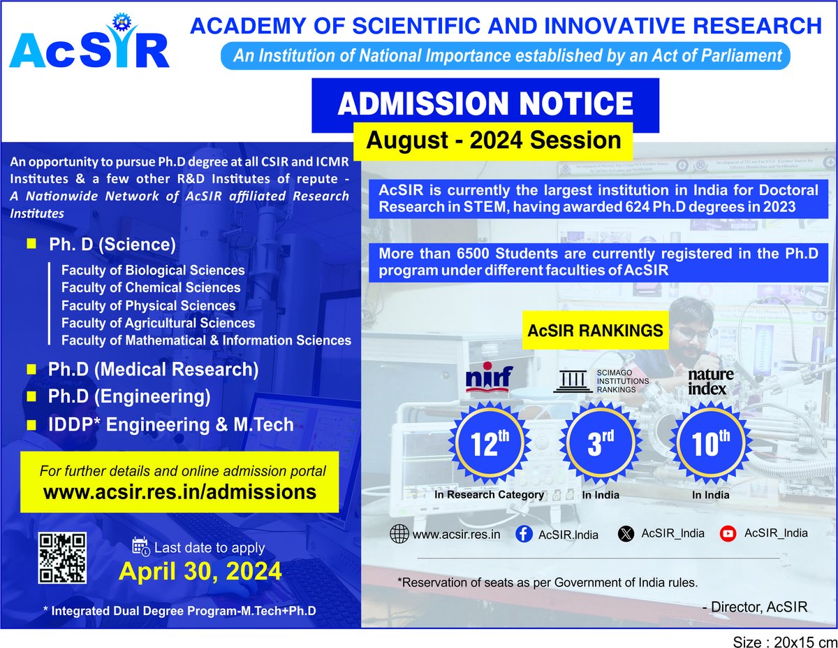 AcSIR Admission Notification for Aug-2024 session is out. Explore opportunities for: -PhD (in faculty of Biological, Physical, Chemical, Agricultural, Engineering, and Mathematical & information Science) at 54 AcSIR affiliated institutes (38 National Labs of @CSIR_IND, 5