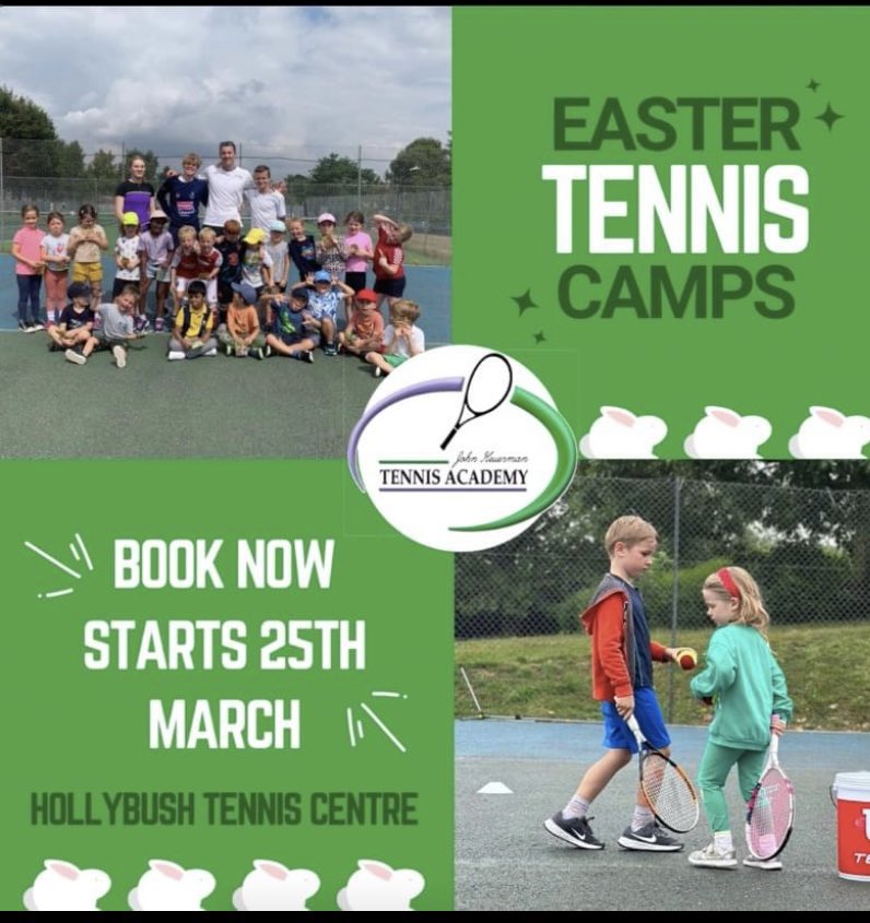 Booking for Easter Holiday camps is live!
✅All abilities 
✅Ages 3-17
✅Options across 3 weeks

Book your slot now. Limited spaces available!

To find out more see:
clubspark.lta.org.uk/HollybushTenni…

 #tenniscamps #hollybush #sevenoaks #hollybushpark