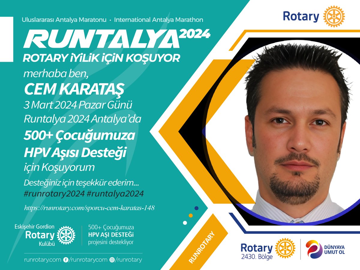 merhaba, ben CEM KARATAŞ,
ben de #runrotary projesinde 500+ Çocuğumuza HPV AŞISI DESTEĞİ için koşuyorum. Destekleriniz için teşekkür ederim.
Bağışlarınız için: runrotary.com/sporcu-cem-kar…
#runrotary2024