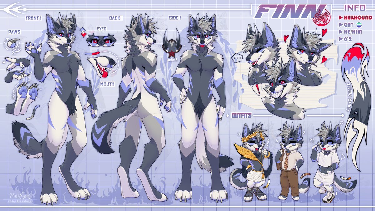 _Reikyo's tweet image. Hello friends! Finally, after much time, I can finish another commission. I absolutely loved the result of this big reference sheet for @Fwinn_ . It was amazing to work for this incredible hellhound!💜🤍