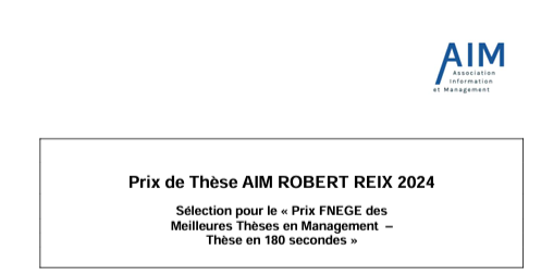 Comme chaque année, l’Association Information et Management (AIM) et <a href="/ActuFNEGE/">FNEGE</a> organisent le prix de thèse AIM - Robert REIX, ancien Pu gestion <a href="/umontpellier/">Université de Montpellier</a> @MtpManagement destiné à distinguer les meilleurs thèses en Systèmes d’Information via <a href="/Siddji/">Jessie Pallud</a> 
aim.asso.fr/fr/actualites/…