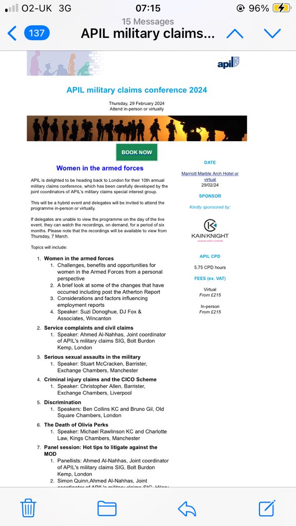 spoonsmuldoon's tweet photo. Looking forward to the annual @APIL military claims conference in Marble Arch today, focusing this year on women in the armed forces. Promises to be an interesting and insightful day  #militaryclaims #armedforces https://t.co/tvY6Z9VLRe