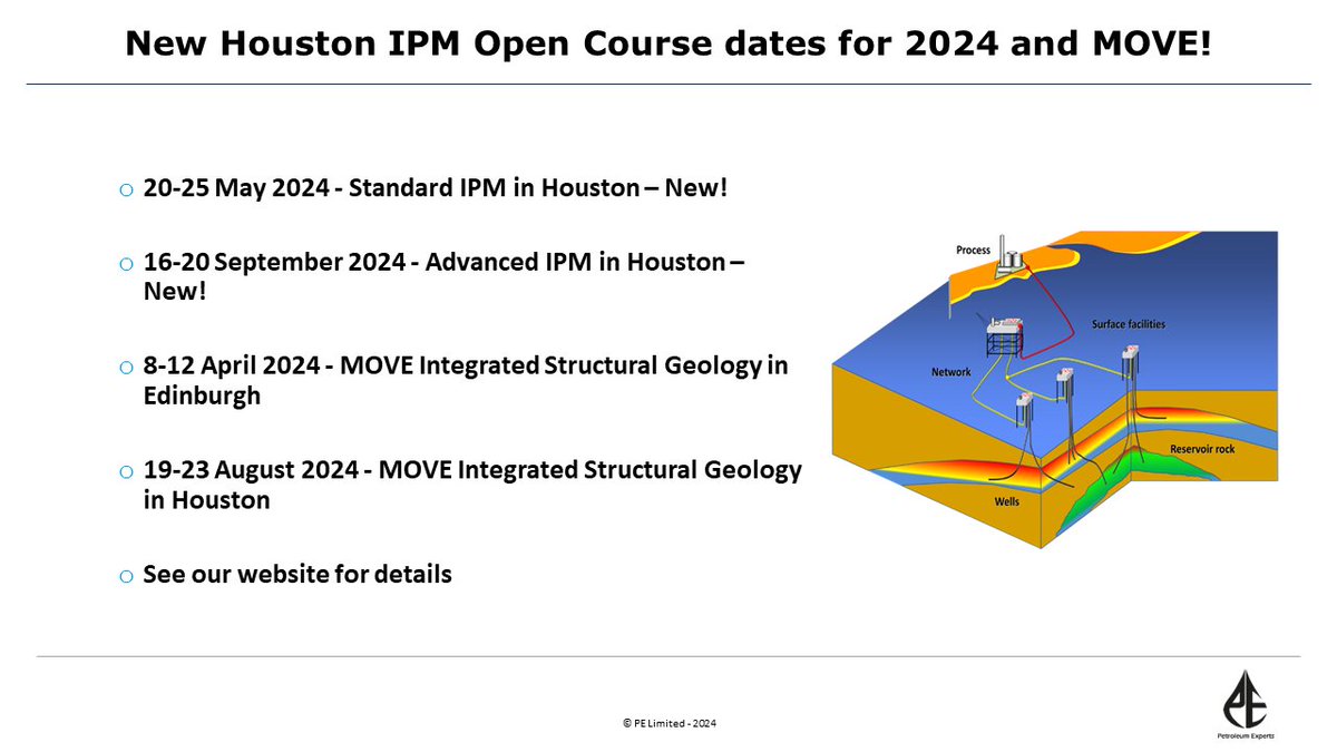 We are happy to announce some new Houston IPM course dates for 2024, including Advanced IPM.  We also have Integrated Structural Geology MOVE courses coming up in Edinburgh and Houston. There is more information on course content and how to register here: petex.com/services/train…