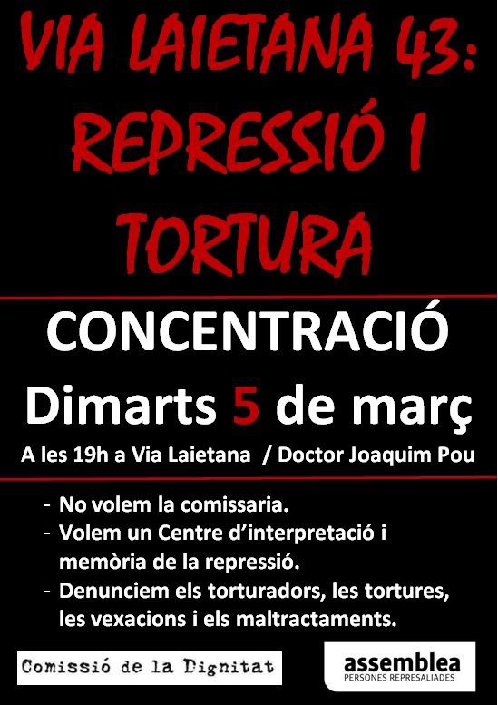 Dimarts 5, a les 19 h,
concentració a #ViaLaietana43 amb el testimoni de Joan Busquets, llegit pel poeta i pintor Joan Vinuesa, i el testimoni també de Ramon Morales Morago, company i soci del nostre grup.
Contra la tortura!
Prou impunitat!
No ens aturarem!
No ens aturaran!