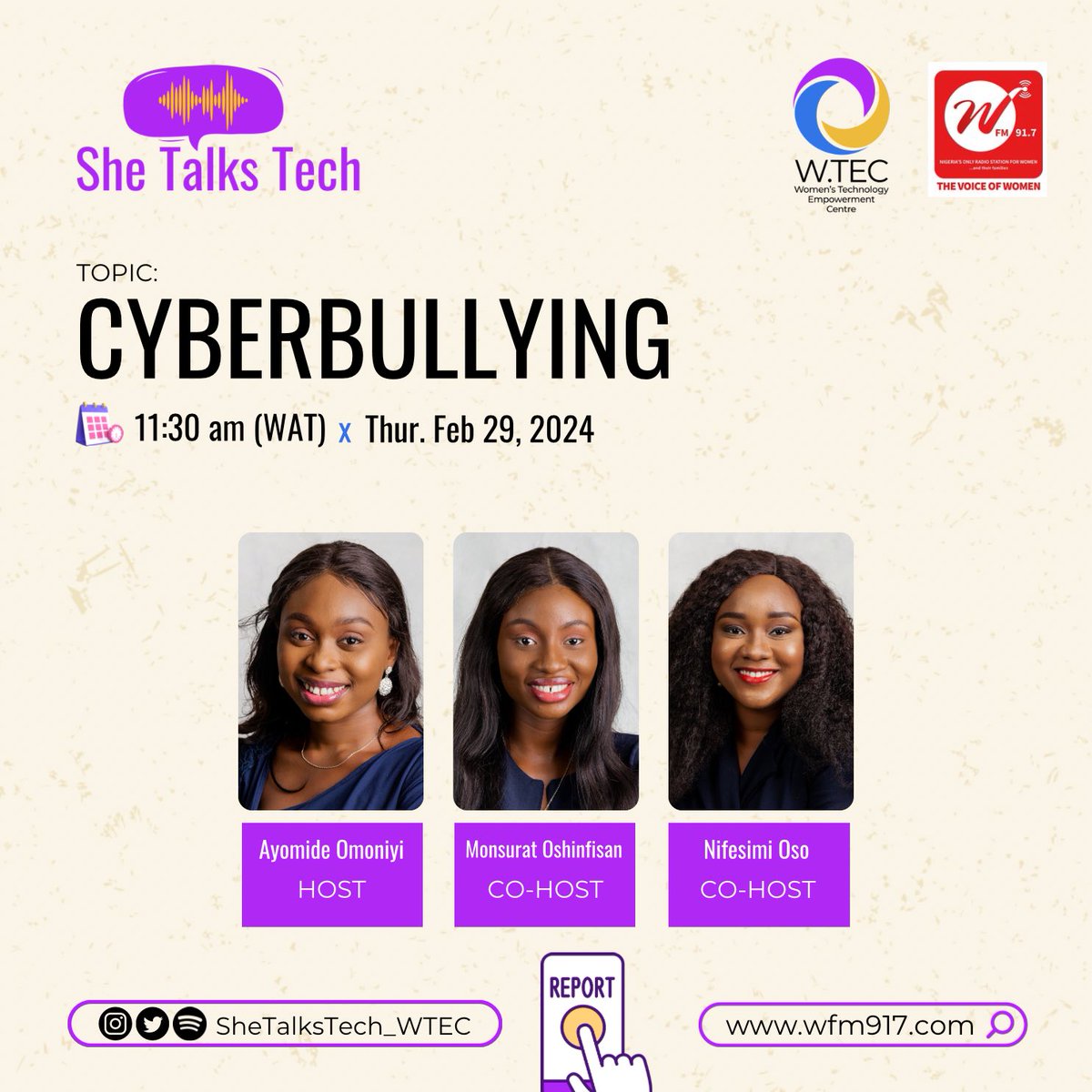Join our conversation on Cyberbullying THIS MORNING on SHE TALKS TECH - WFM 91.7 by 11:30 am.

You can tune in on Radio - WFM 91.7 or 
live stream on wfm917.com 

#SheTalksTech 
#WomenInTech 
#cyberbullying 
#RadioShow #wtecng #wtec #empoweringwomen #techradio
