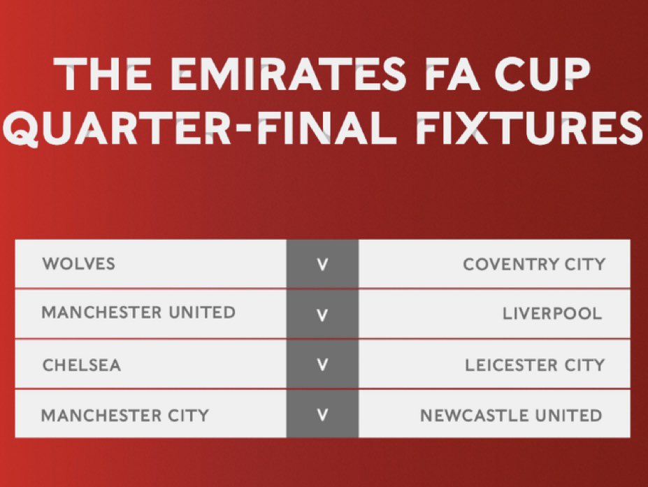 Feuille_2match's tweet photo. Le tirage officiel des quarts de finale de la FA CUP ! 🏆⚽️

#FACUP https://t.co/asRZNHuJis