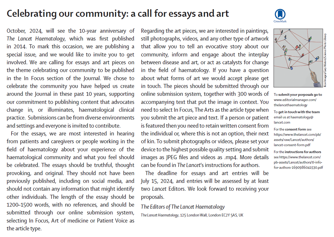 📢 Call for essays and art: October will mark our 10-year anniversary and we are calling for pieces on the theme 'celebrating our community' ⬇️

We look forward to receiving contributions by July 15!
thelancet.com/journals/lanha…
#hematology #hemonc #patientvoice #artofmedicine