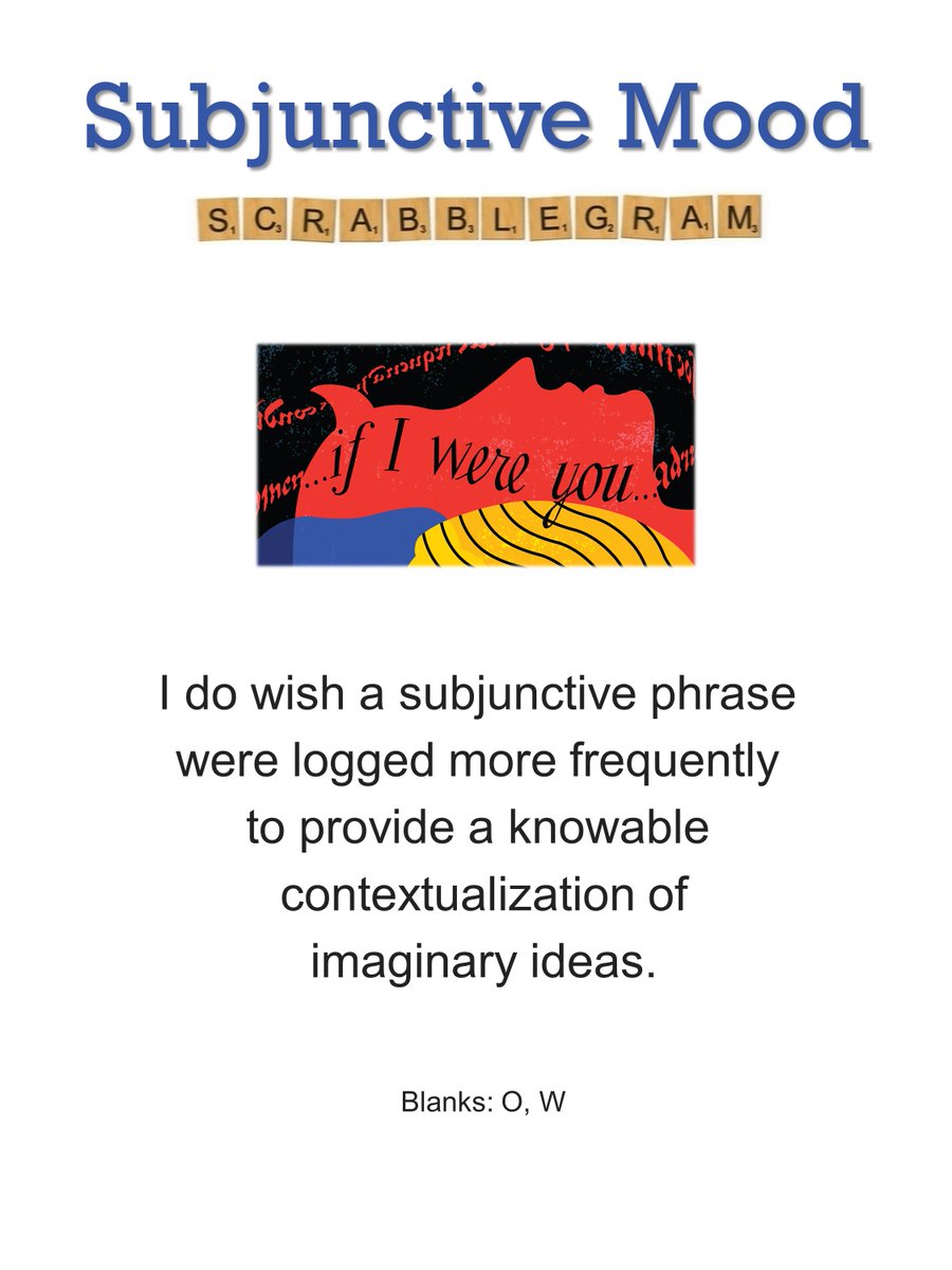 dc_scrabblegram's tweet photo. Bonus SCRABBLEGRAM* OF THE DAY
Subjunctive Mood
If I were you I'd look away now...unless you're a grammar nerd. Here's a Scrabblegram about the underappreciated subjunctive mood.
https://t.co/Vv9cYI8PTO
*Uses all 100 Scrabble tiles.
#subjunctive, #grammar, #scrabble https://t.co/GyY4BUhMaX