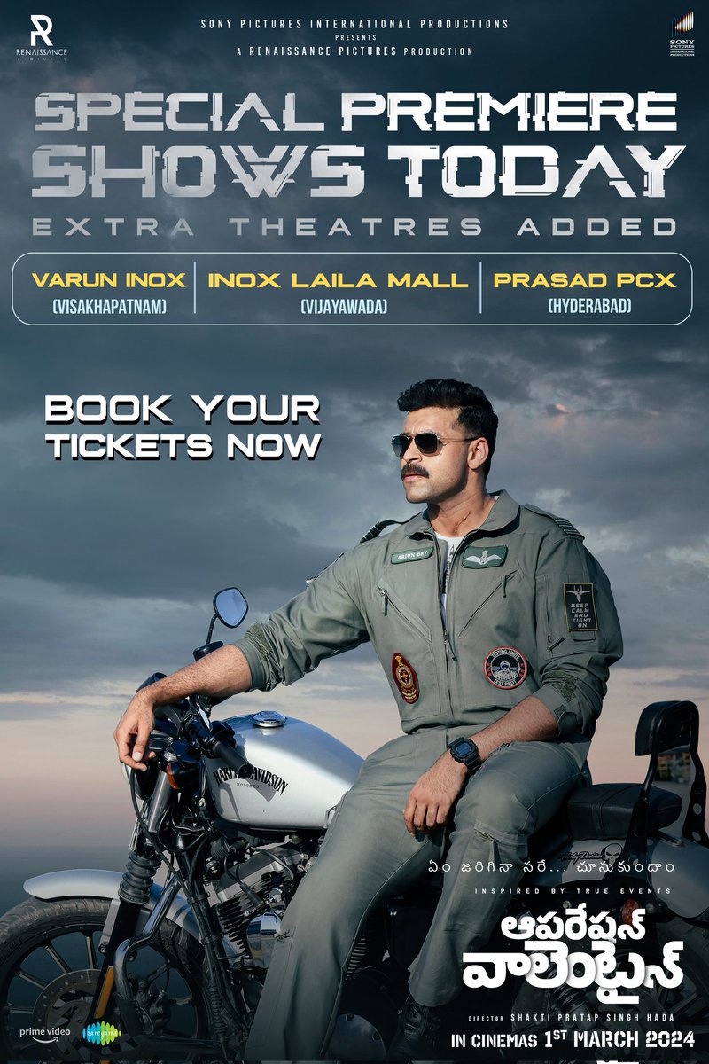 Extra Theatres being added due to public demand for the Special Premieres of #OperationValentine Today❤️‍🔥 Shows are fast fillings in no time 💥 Book your tickets now! - linktr.ee/OPVTickets @IAmVarunTej @ManushiChhillar @ShaktipsHada89 @MickeyJMeyer @iRuhaniSharma