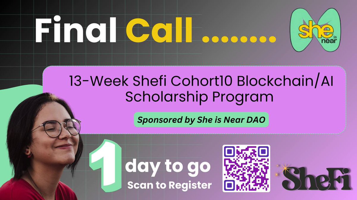 Today is the last day to register for the She is Near DAO education program!

Register here!!
docs.google.com/forms/d/1DMyT0…

Don't miss out on joining the @She__Fi 10th cohort focusing on Crypto and AI education. 

 #WomenInTech #Blockchain #Web3 #SheIsNear #EducationProgram