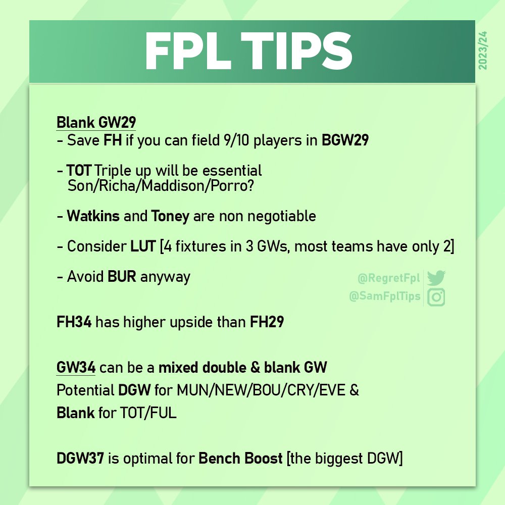 RegretFpl's tweet photo. ๐จ FPL TIPS FOR INCOMING DOUBLE & BLANK GWS ๐จ
#SamFPLtips #FPL https://t.co/Z5OwX6PfZX
