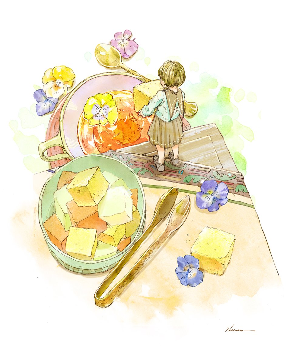 1girl flower spoon solo skirt brown skirt blue flower  illustration images