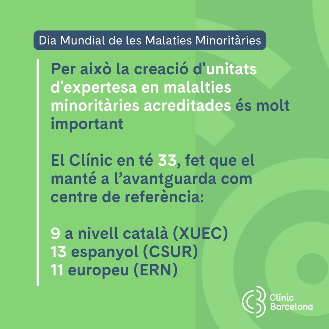 📅 Dia Mundial de les #MalaltiesMinoritàries

Tot i afectar un 8⃣% de la població, encara costen més de detectar, diagnosticar, tractar i se'ls dedica menys temps i diners en recerca

👎 Uns desavantatges que paga qui les pateix 

Sabies que el #CLÍNIC és hospital de referència?