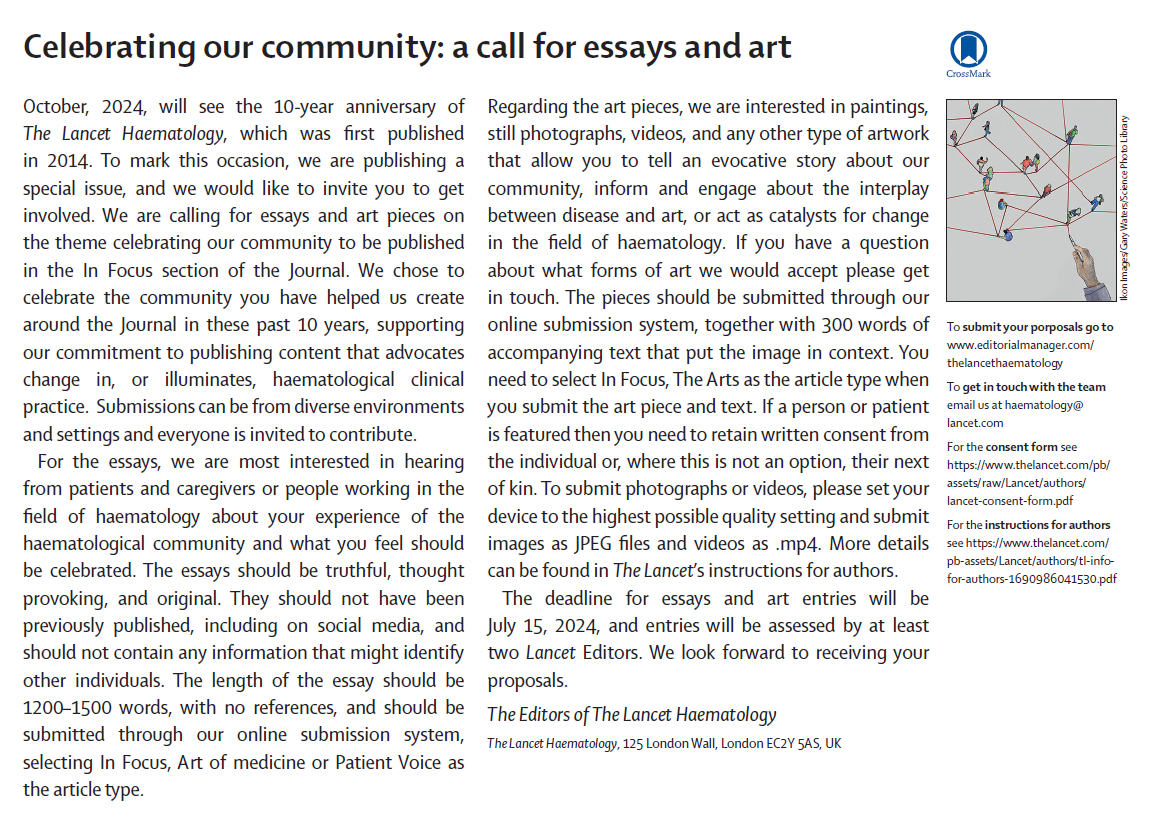 📢 Call for essays and art: October will mark our 10-year anniversary and we are calling for pieces on the theme 'celebrating our community' ⬇️ We look forward to receiving contributions by July 15! thelancet.com/journals/lanha… #hematology #hemonc #patientvoice #artofmedicine