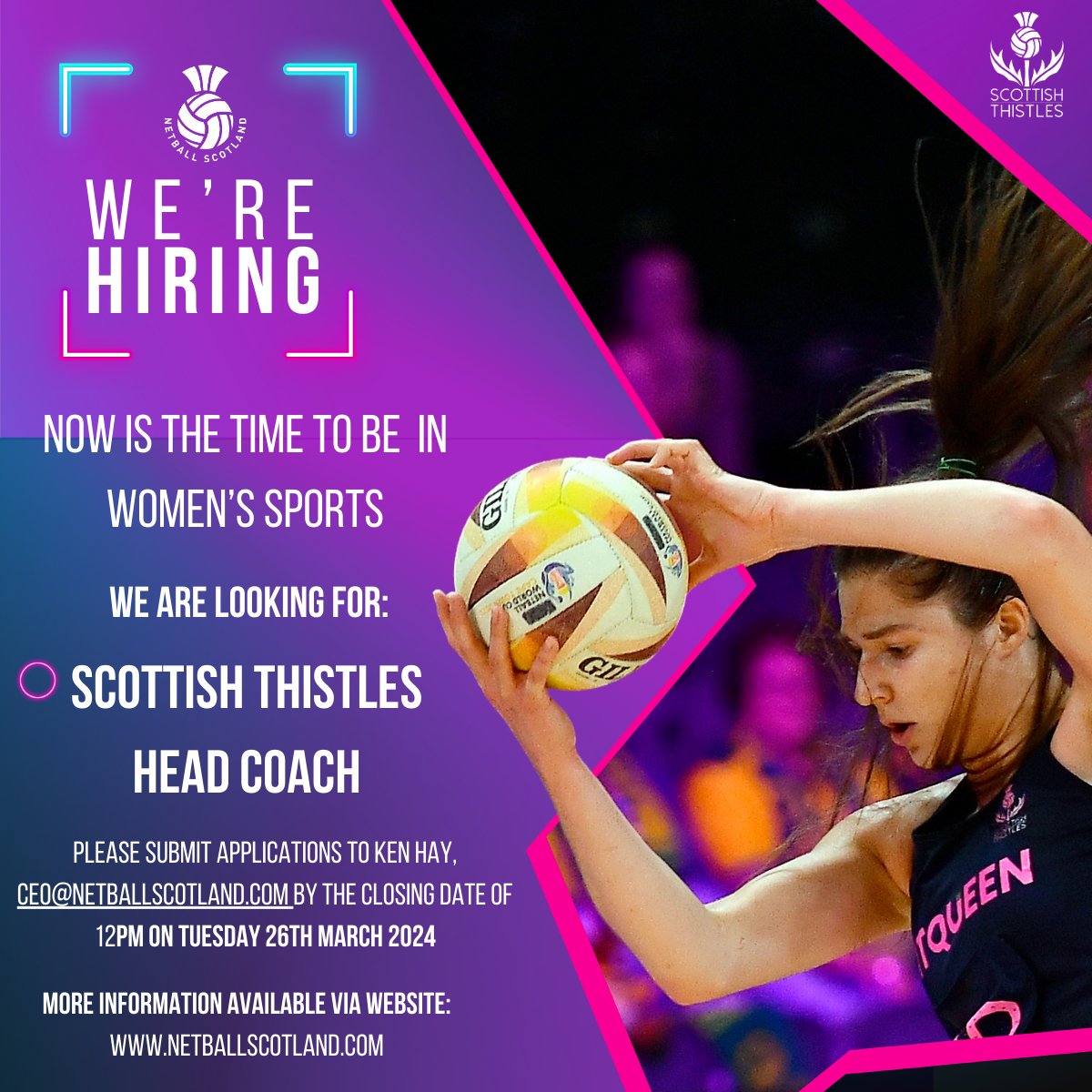 📣Netball Scotland are looking for a head coach to lead our Scottish Thistles squad Apply to be a part of our ambitious team heading into the 2027 World Cup and beyond - ow.ly/cS4b50QIQil #PowerofScotland