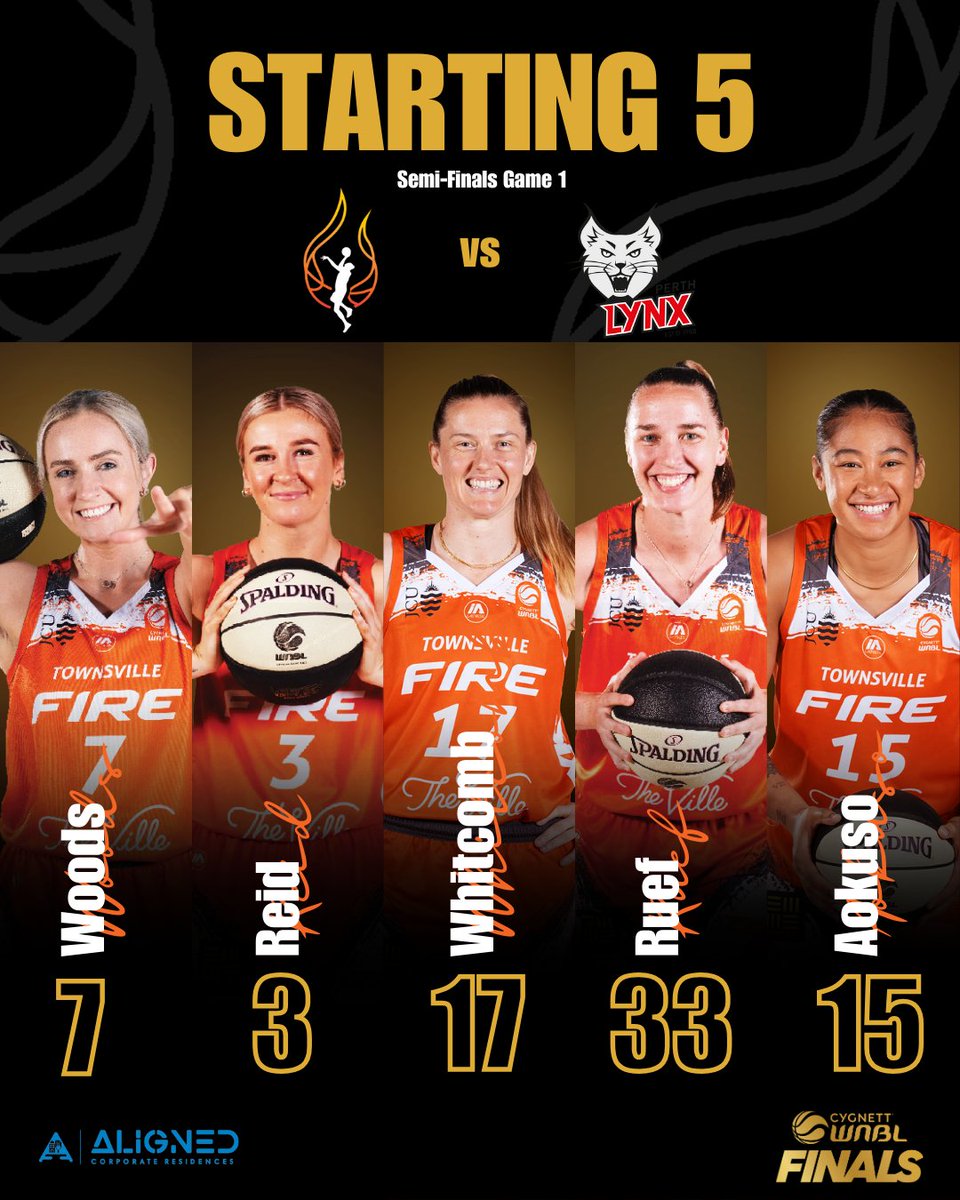 Your Aligned Corporate Residences Townsville 𝗦𝘁𝗮𝗿𝘁𝗶𝗻𝗴 𝟱 for Semi-Final Game 1 against Perth Lynx🔥 📷 Watch live on ESPN via Kayo & 9Now App #BePartOfIt #TownsvilleFire #FireupTownsville #PaintTheTownOrange #GameDay
