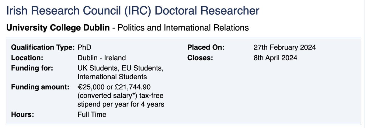 Four-year fully funded PhD position in NLP at @ucdpolitics The position is part of an IRC project applying methods from quantitative text analysis to Arabic interviews. Knowledge of Arabic is a plus but not required. Full ad: dornschneider.net/PhD_position_U… @Connected_Pol