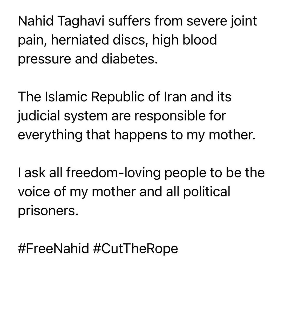 BREAKING: Despite being on a legal medical leave, my mother #NahidTaghavi was forced to return to Evin prison. #freenahid