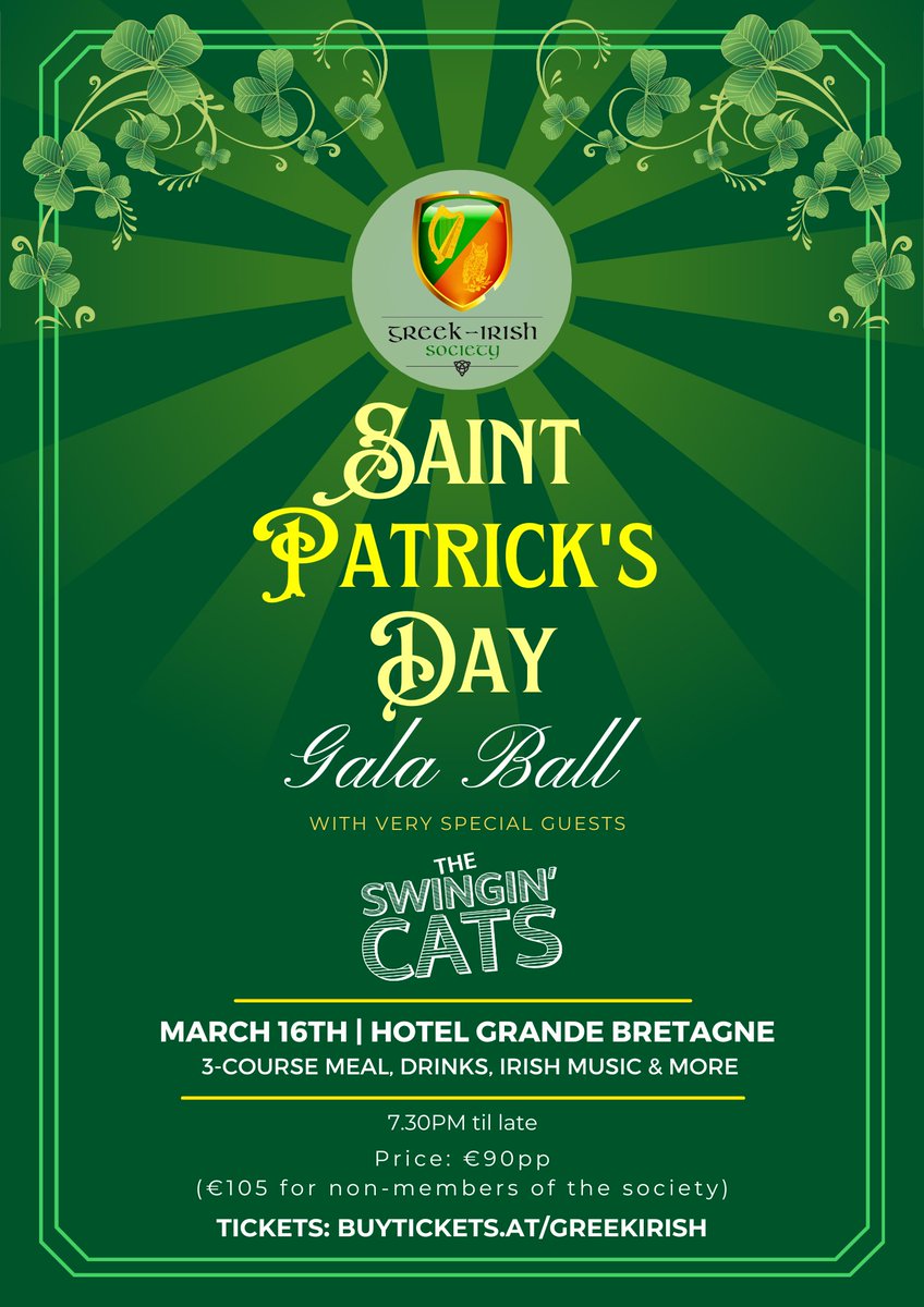 Celebrate St Patrick’s Day in Athens in style this year at our St Patrick’s Day Ball on 16 March, with a sumptuous meal, an open bar, music by Iernis and @TheSwinginCats, a DJ to keep the dancing going, some surprises and lots of fun. Tickets: buytickets.at/greekirish