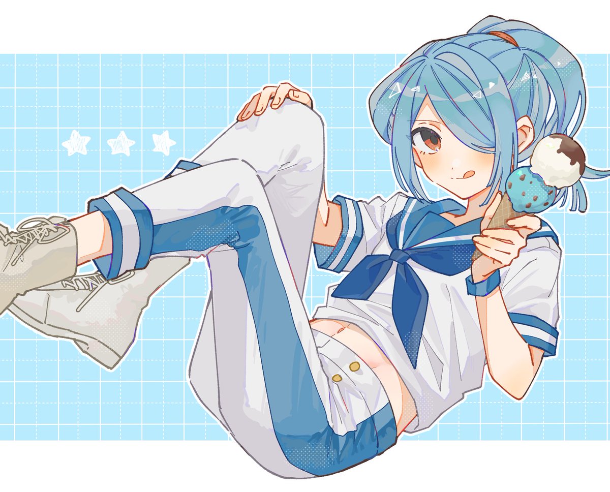 1boy male focus hair over one eye blue hair ponytail solo tongue  illustration images