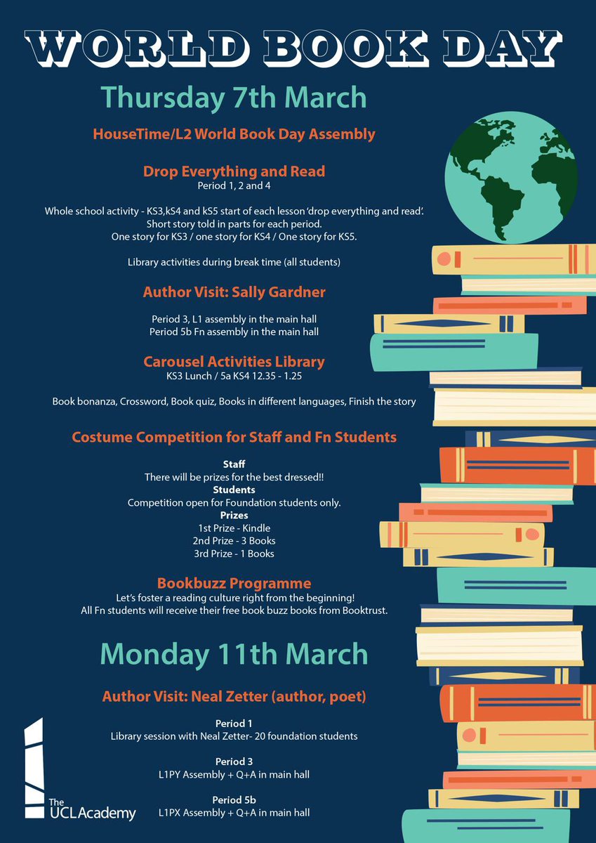 Only 1 more week until World Book Day! Many thanks to our English dpt for arranging an activity-filled programme for 7th + 11th March. So much to look forward to, but particularly excited about visits from authors @TheSallyGardner + @nealzetterpoet #WBD