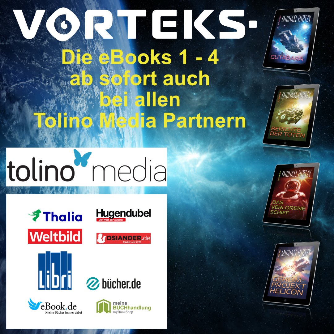 Endlich ist es soweit.

Die Bände 1 bis 4 meiner VorTeks Science Fiction Serie sind ab sofort auch bei allen <a href="/tolino_media/">tolino media</a> / <a href="/tolino_de/">tolino</a> Partnern zu bekommen

#sciencefiction #scifi #sciencefictionbuch  #scifibuch  #vorteks #sciencefictionaustria #sciencefictionausösterreich