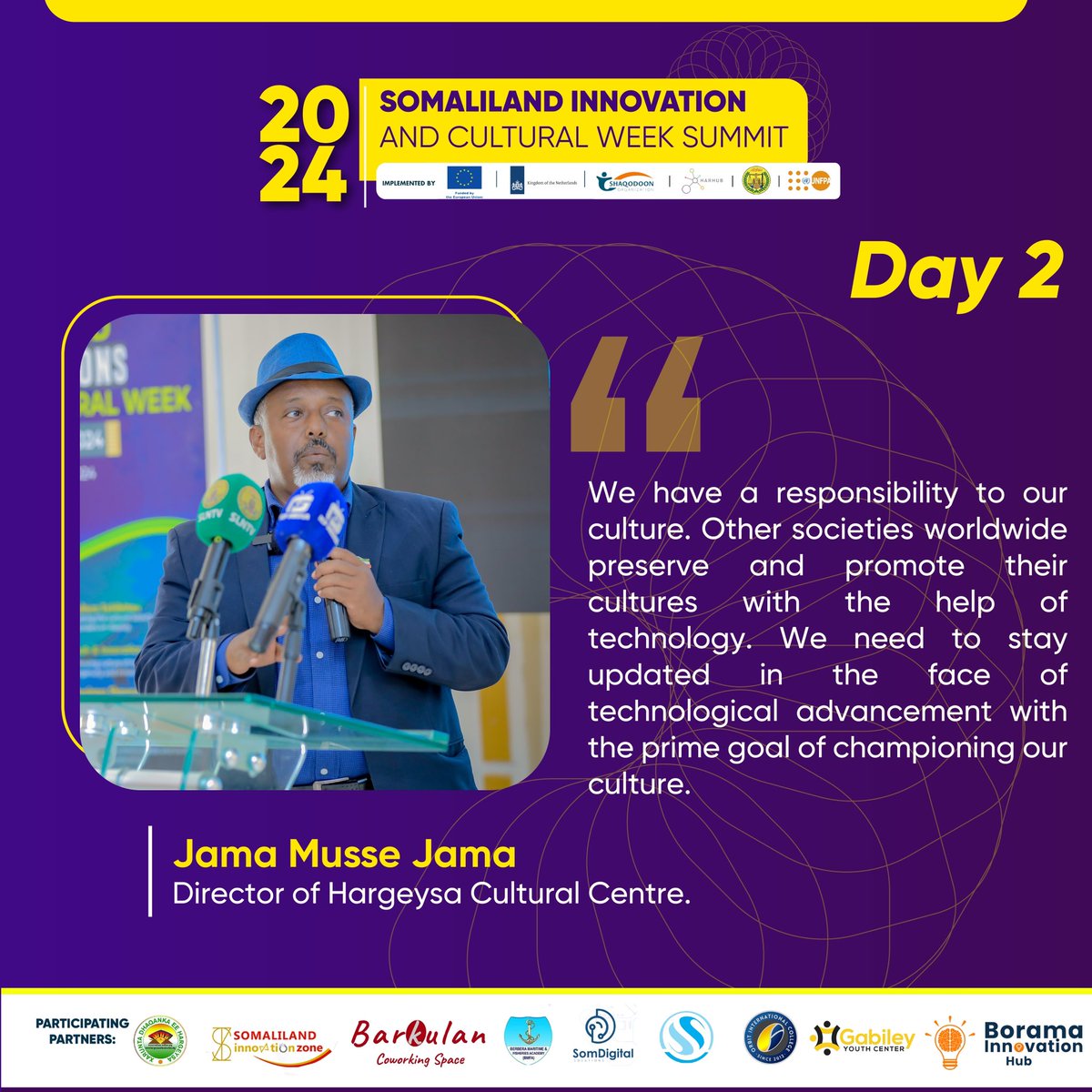 On #Day2 of the Hargeisa leg of the #SomalilandInnovationAndCultureWeek2024 @JamaMusse presents an insightful approach on the importance of conservation of Somali culture and language. @HarHub @EU_in_Somalia @NLinSomalia @UNFPA_SOMALIA @HargeysaCC For more info on the…