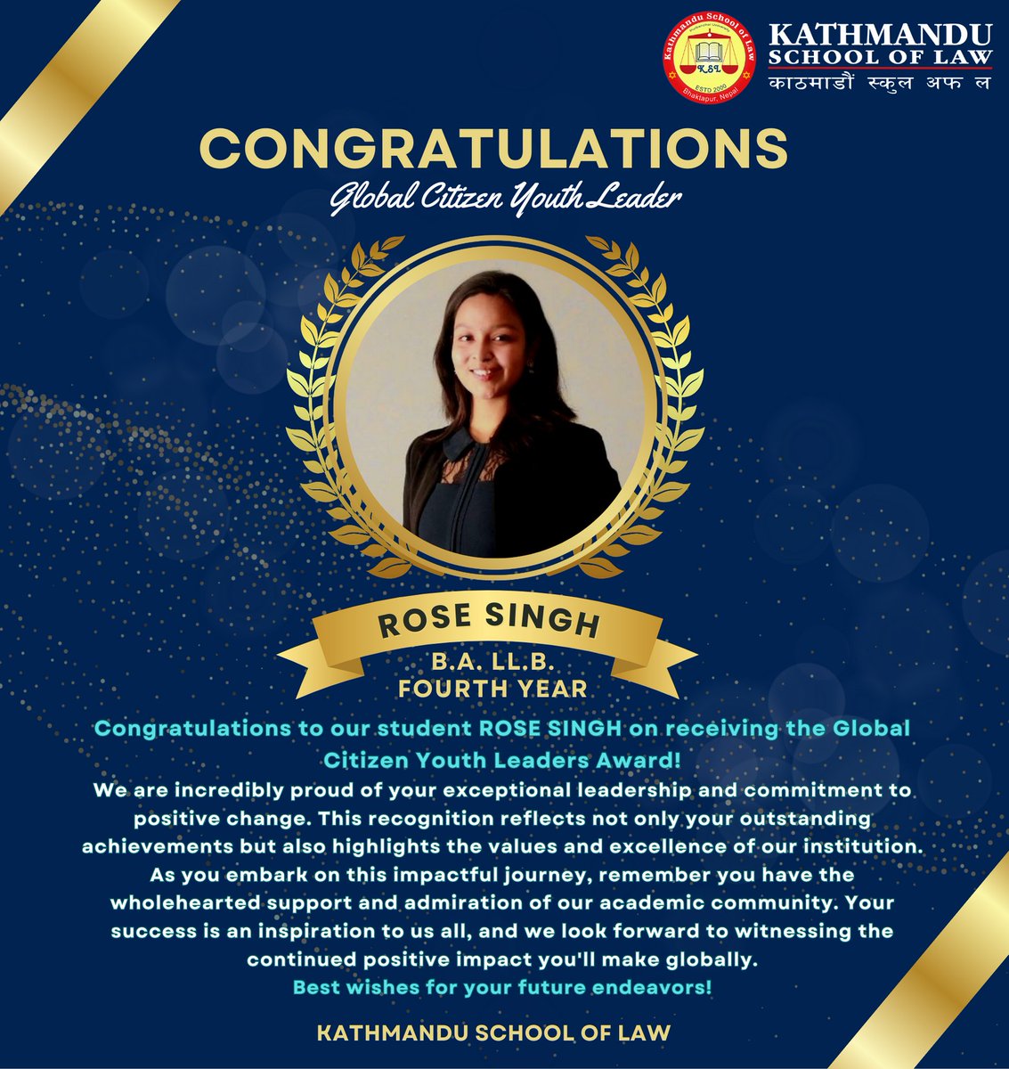 Congratulations to our student Ms. Rose Singh (B.A. LL.B. Fourth Year) on winning the Global Citizen Youth Leaders Award!
We are proud of you and your awesome achievement.
Best wishes for your future endeavors!
