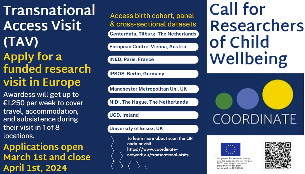 The COORDINATE Transnational Access Visits (TAV) programme offers researchers the opportunity to visit and gain access to international birth cohort, panel and cross-sectional survey data residing in participating countries #ResearchOpportunity  #Youth #Child #Wellbeing