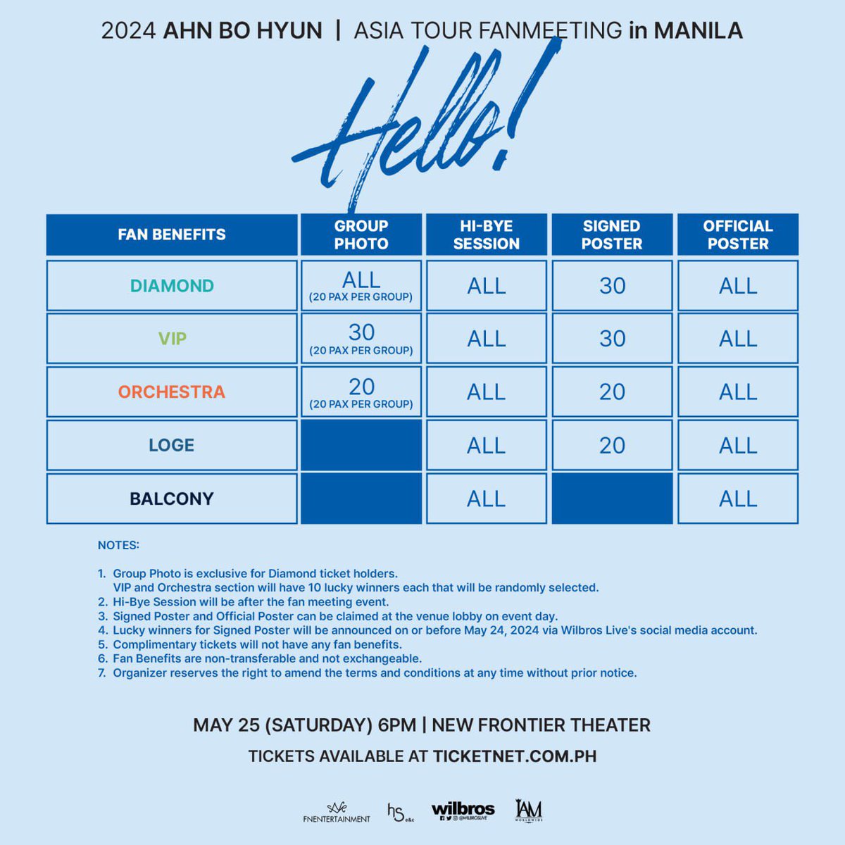 WilbrosLive's tweet photo. Ticket Prices x Fan Benefits
Group Photo, Hi-Bye and More!

2024 𝐀𝐇𝐍 𝐁𝐎 𝐇𝐘𝐔𝐍 
Asia Tour Fan Meeting in Manila
May 25 Saturday 6PM
New Frontier Theater

Catch the Korean actor behind the hit dramas "𝘔𝘪𝘭𝘪𝘵𝘢𝘳𝘺 𝘗𝘳𝘰𝘴𝘦𝘤𝘶𝘵𝘰𝘳 𝘋𝘰𝘣𝘦𝘳𝘮𝘢𝘯", "𝘠𝘶𝘮𝘪'𝘴 𝘊𝘦𝘭𝘭", "𝘔𝘺 𝘕𝘢𝘮𝘦", "𝘐𝘵𝘢𝘦𝘸𝘰𝘯 𝘊𝘭𝘢𝘴𝘴", "𝘚𝘦𝘦 𝘠𝘰𝘶 𝘪𝘯 𝘔𝘺 19𝘵𝘩 𝘓𝘪𝘧𝘦", 𝘢𝘯𝘥 “𝘍𝘭𝘦𝘹 𝘟 𝘊𝘰𝘱” in his much-awaited fan meeting tour this summer!

Tickets On-Sale: March 9 SAT 12PM
https://t.co/J8iVan5HCo & TicketNet outlets
Presented by Wilbros Live and IAM Worldwide

#AhnBoHyun #안보현 #FanMeeting #재벌X형사