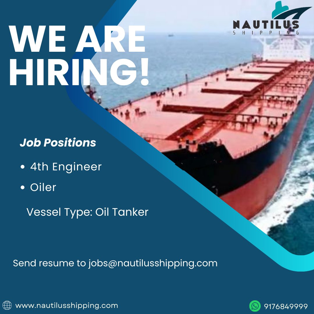 Hiring for 4th Engineer & Oiler for an Oil tanker Vessel. Required: Oil tanker Suezmax experience, COPT Experience Candidates with Aframax or higher category vessel experience can also apply. Emai: jobs@nautilusshipping.com More about us: nautilusshipping.com #shipjobs #jobs