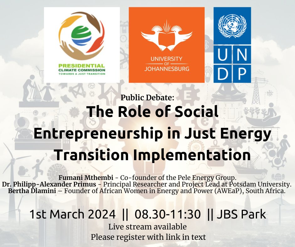 📍EVENT REMINDER | Going live at 09h00 today‼️ Join the Public Debate on the Role of Social Entrepreneurship proudly hosted by @ClimateZA in collaboration with @UNDPSouthAfrica and @go2uj Watch live fb.me/e/2X4y9nRwD #LeaveNoOneBehind #JustEnergyTransition