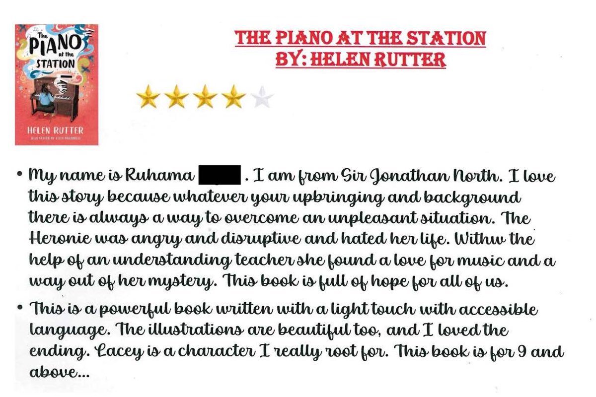 Another fantastic #readingrampage2024 book review by a student from @SJNCCSchool for The Piano at the Station by @HelenRutterUK