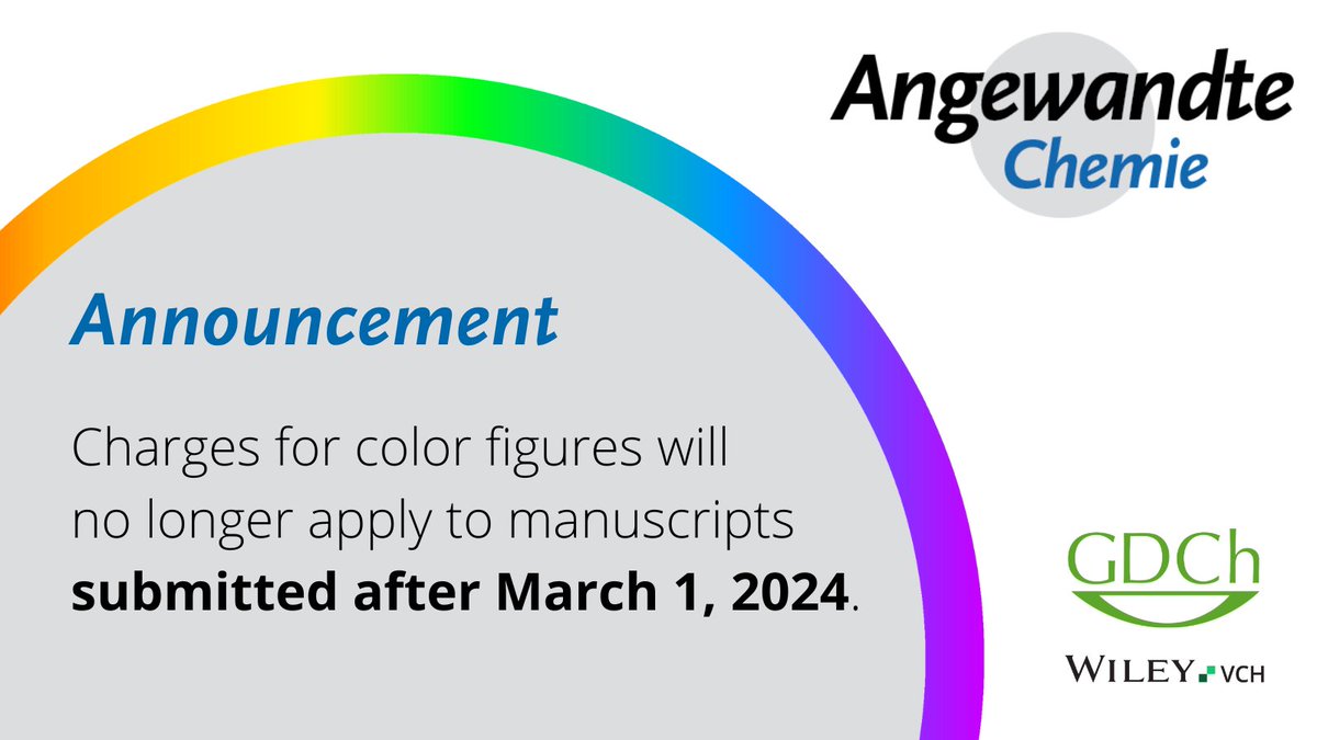 Charges for color figures will no longer apply to manuscripts submitted after March 1, 2024. For your next submission, we invite you to check out the Viewpoint Article 'Coloring Chemistry—How Mindful Color Choices Improve Chemical Communication' (doi.org/10.1002/anie.2…).