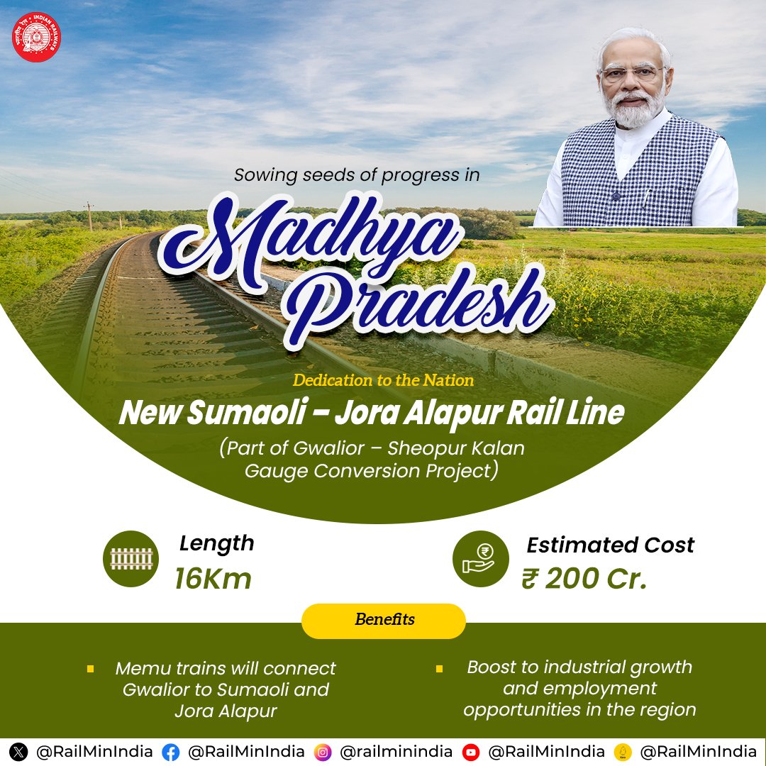 Cultivating Development: Inauguration of New Sumaoli - Jora Alapur Rail Line, Bridging Communities & Industries. Memu trains to link Gwalior, Sumaoli, and Jora Alapur, Igniting Growth & Employment Opportunities #RailInfra4MadhyaPradesh