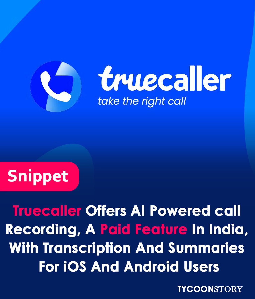 Truecaller launches AI call recording in India
#Truecaller #CallRecording #AI #India #Transcription #CallSummary #Premium #Productivity #Communication #AIInnovation #UserControl @truecaller_in