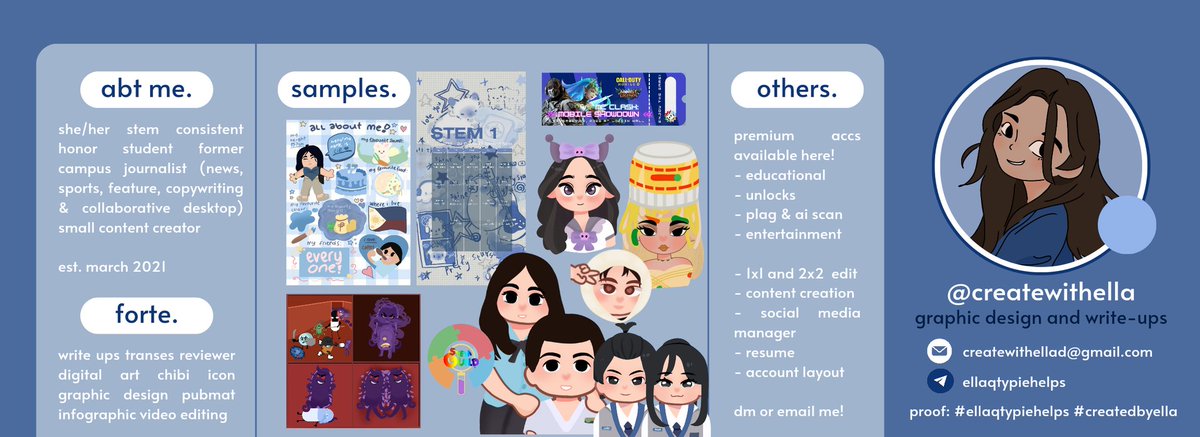 ☆ﾟ°˖* ᕕ( ᐛ )ᕗ hello ! i am ella &amp; i'm open for commission !! i'm lf clients and active premium account resellers . . .
𓂋 graphic design &amp; write ups
𓂋 proofs : #ellaqtypiehelps &amp; also linked in my automated message
𓂋 others : was @.ellaqtypie new tag #createdbyella