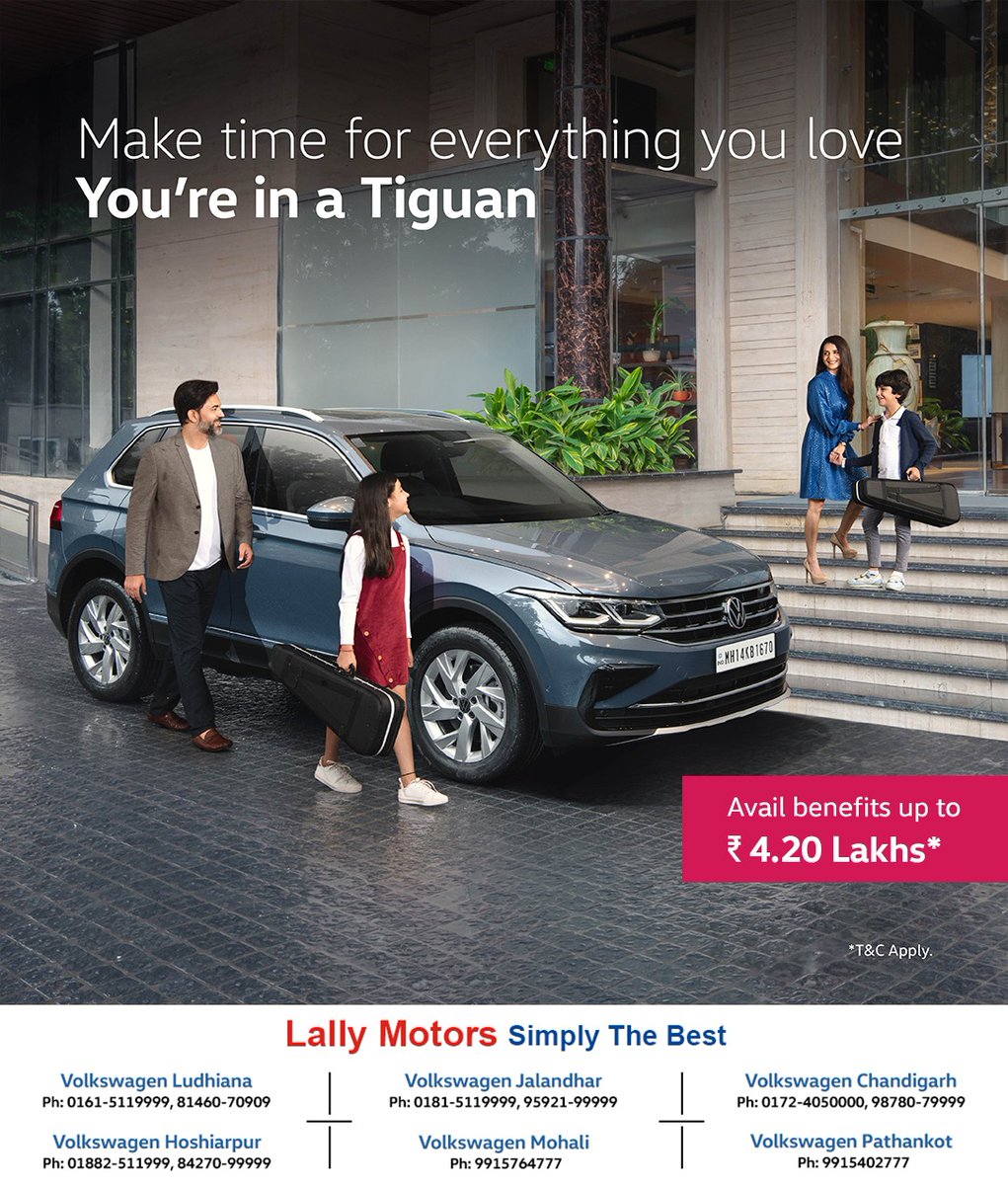 Lally_Motors's tweet photo. Life's too short for ordinary drives. Elevate your journey with the Tiguan and unlock benefits up to 4.20 Lakhs*! Because when you love what you drive, every moment becomes an adventure. 

#TiguanMoments #LoveYourDrive https://t.co/x4PBd3gRVr