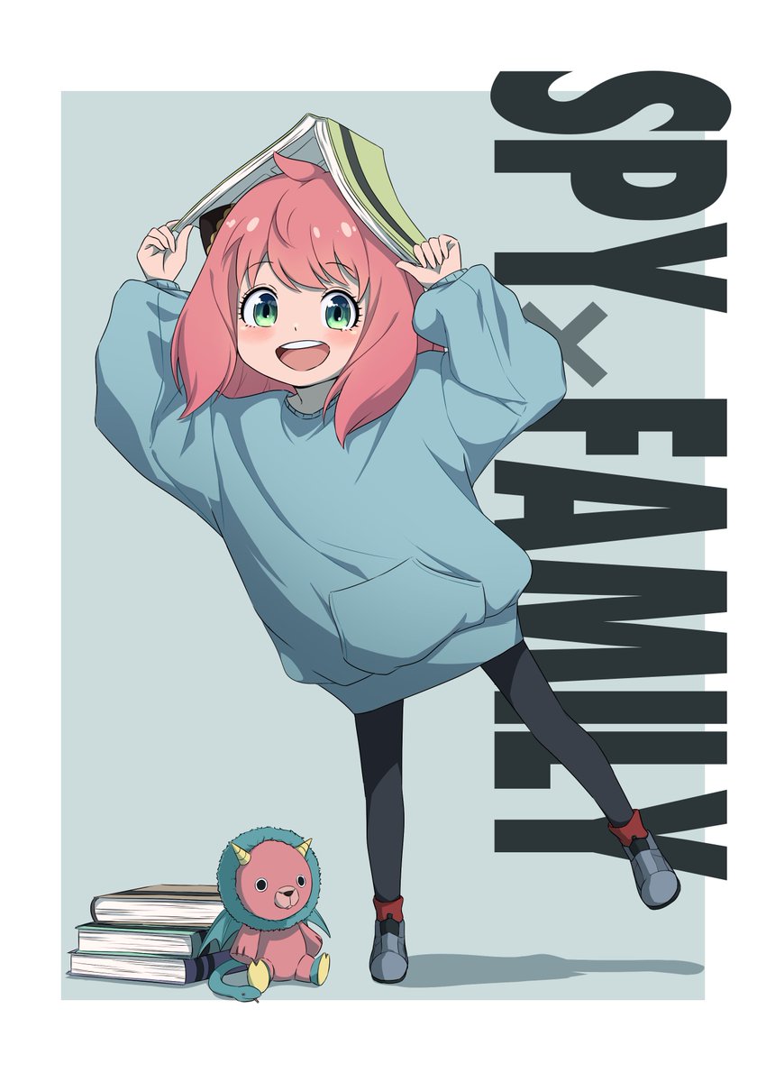 anya (spy x family) 1girl green eyes pink hair female child book smile stuffed toy  illustration images