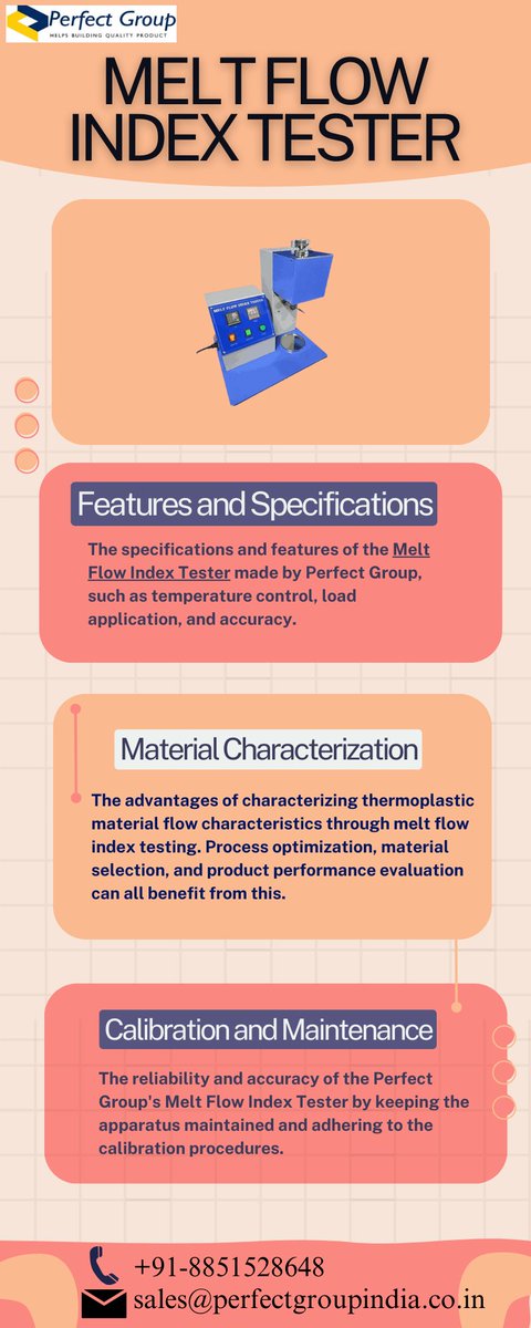 perfectgroup12's tweet image. Melt Flow Index Tester
The melt flow index tester is a device that analyzes the flow characteristics of thermoplastic materials by forcing a melted sample through a standardized.
#perfectgroupindia #industrial  #meltflowindextester
Visit us: perfectgroupindia.co.in/melt-flow-inde…