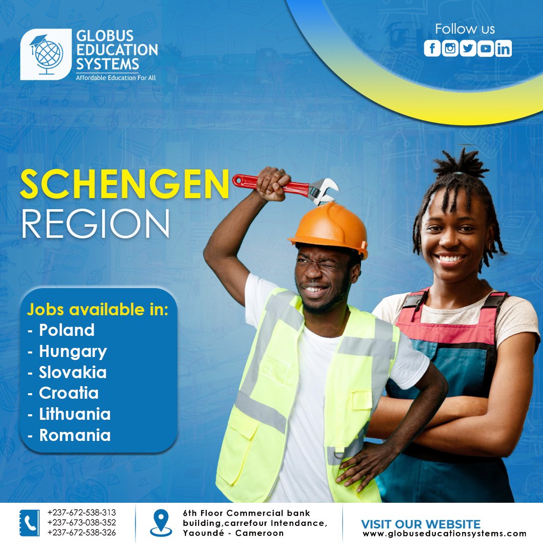 Explore Boundless Opportunities in the Schengen Region! 
Ready to embark on an international career adventure? Discover a world of diverse job opportunities in the Schengen region. 
#SchengenJobs #InternationalCareers #GlobalOpportunities #ApplyNow #GlobusEduSystems