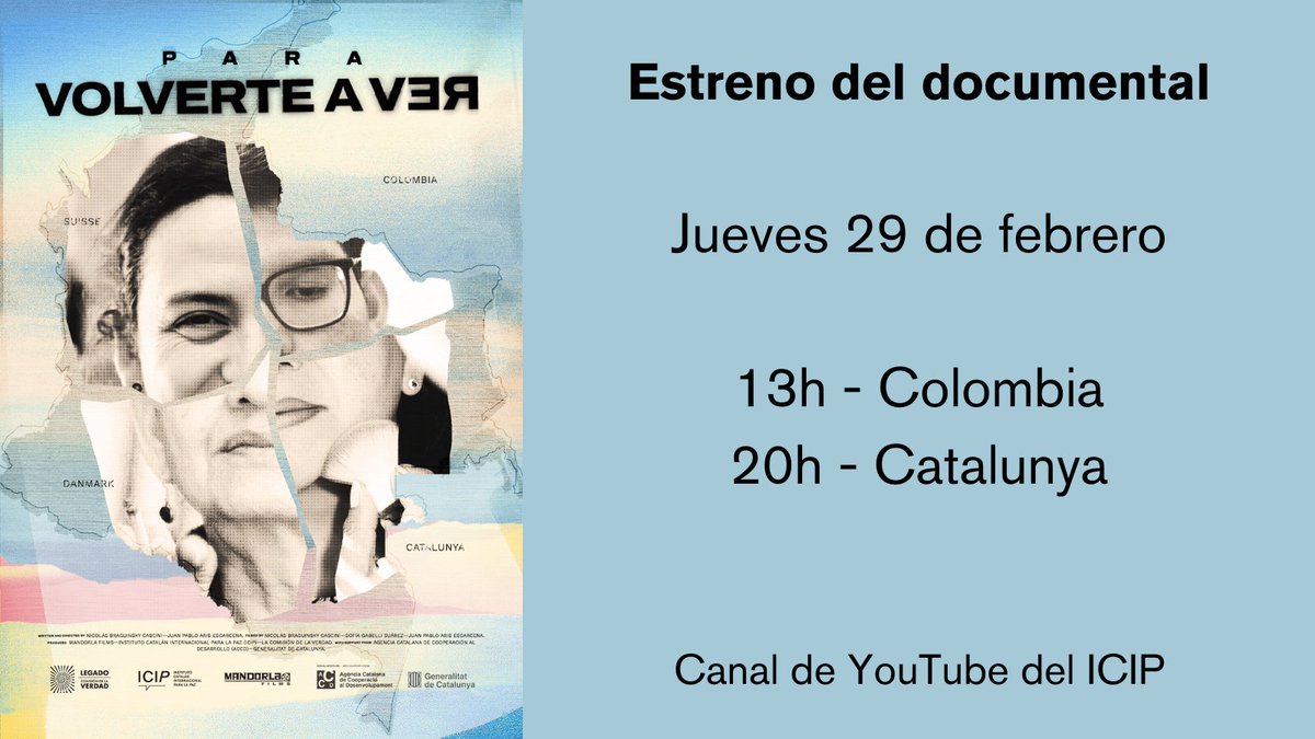 ICIPeace's tweet photo. 🔴ESTRENA! 

📹Després de projectar-se a diferents festivals de cine, el documental #ParaVolverteAVer s'estrena avui en obert al canal #ICIPTube.

Un curt produït per l'ICIP sobre les veus i experiències de l'#exili colombià. 

❗️AVUI 29/02 a les 20h ➡️https://t.co/NGnJvKSOHv https://t.co/UfXVKCjWIK