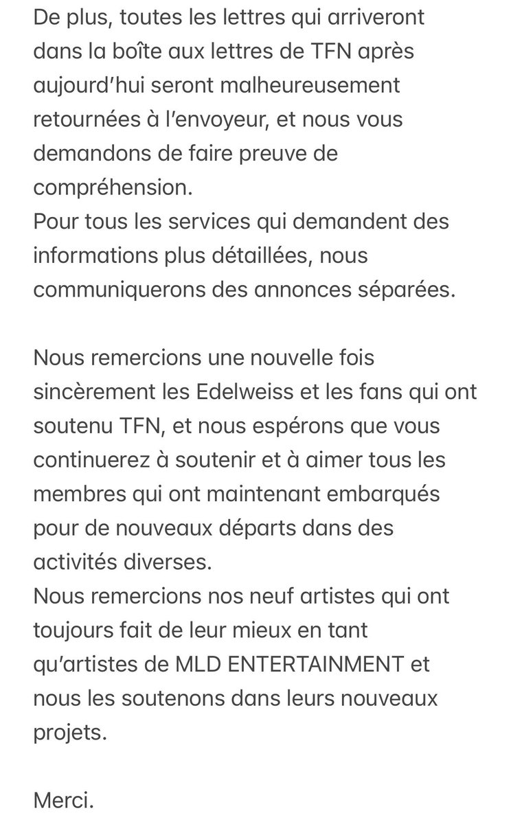 TFNFrance's tweet photo. 📢• 290224 — INFO

➯ MLD Entertainment annonçait cette nuit le disband de TFN…
C’est le cœur lourd que je vous traduit la nouvelle…
_______
Cr. > TFN FAN☕️/WVS
https://t.co/b6xZdZYuke 
#TFN #티에프앤 https://t.co/Dy3EgN3PwU