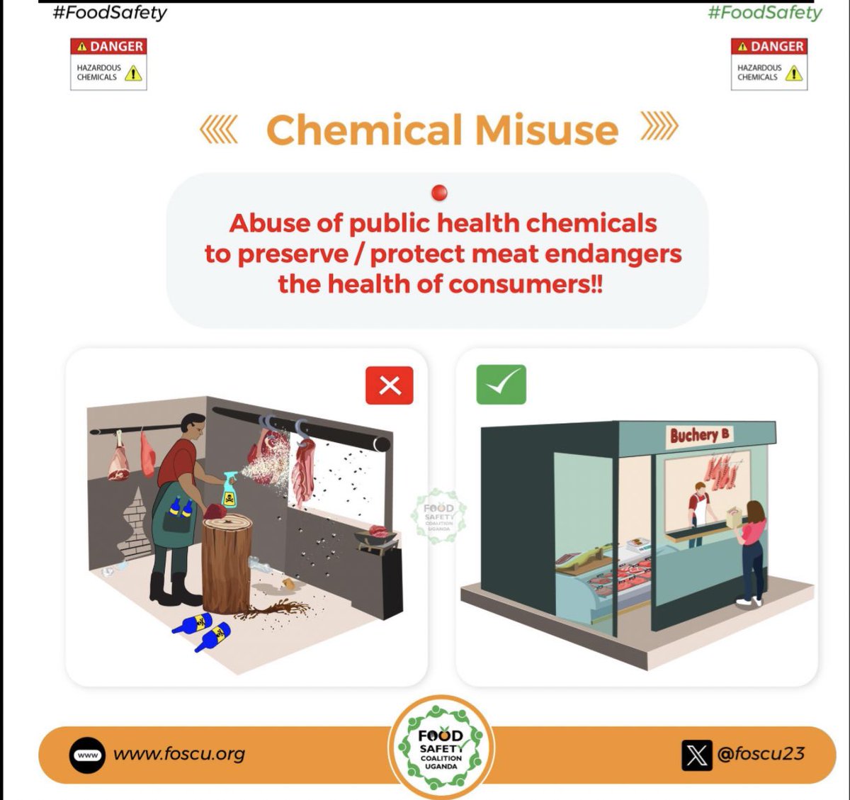 FOOD SAFETY ALERT!! Abuse of chemicals to extend shelf-life and appearance of food e.g. tomatoes and meat is a growing public health concern!! Let’s all be vigilant and play our part!! #FoodSafety | @foscu23