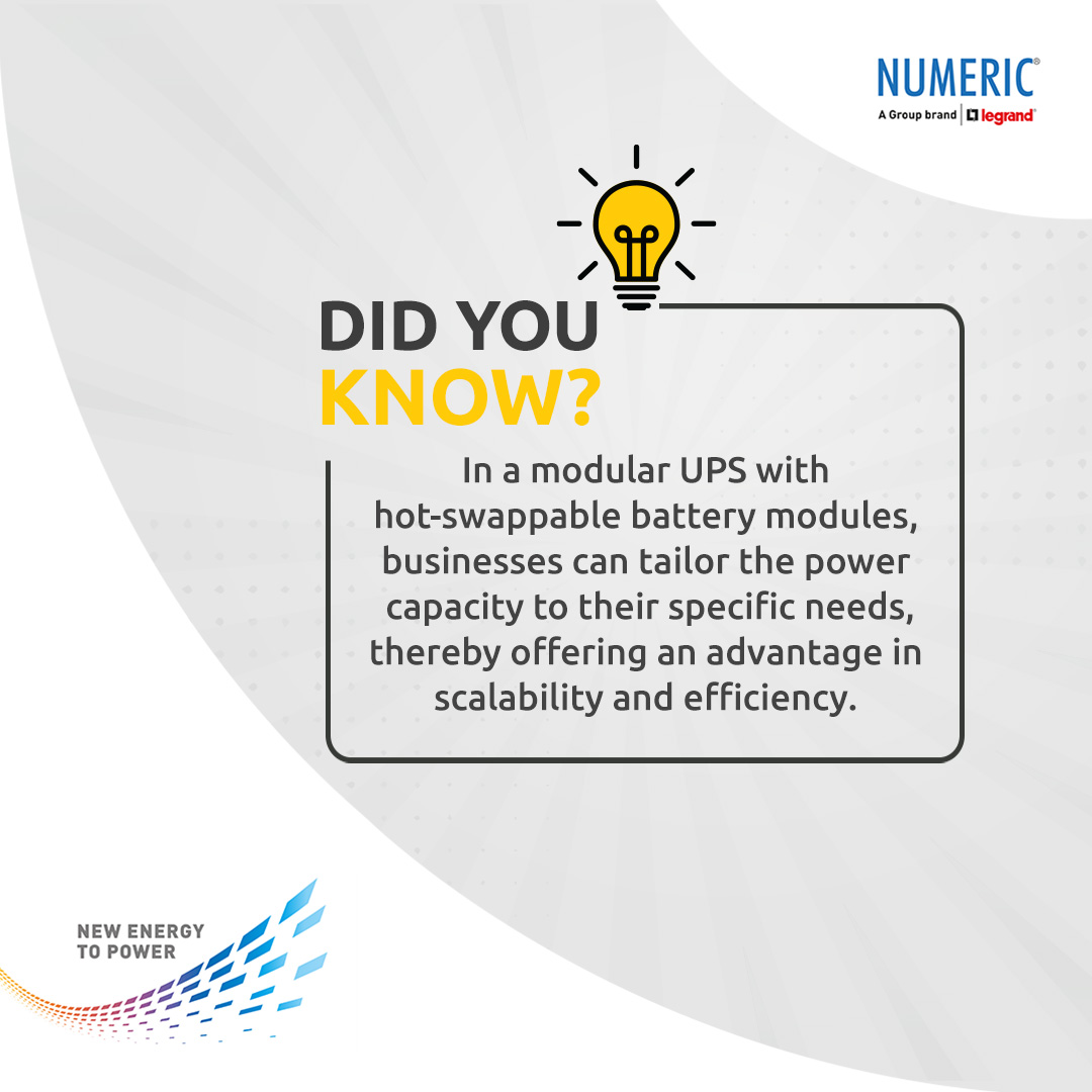 #DidYouKnow The integration of #hotswappablebattery modules within a #modularUPS solution like #KeorMOD #TrimodHE enables businesses to optimize their power infrastructure. 

Know More numericups.com/products?type=…

#NumericUPS #NewEnergyToPower #BatteryModules