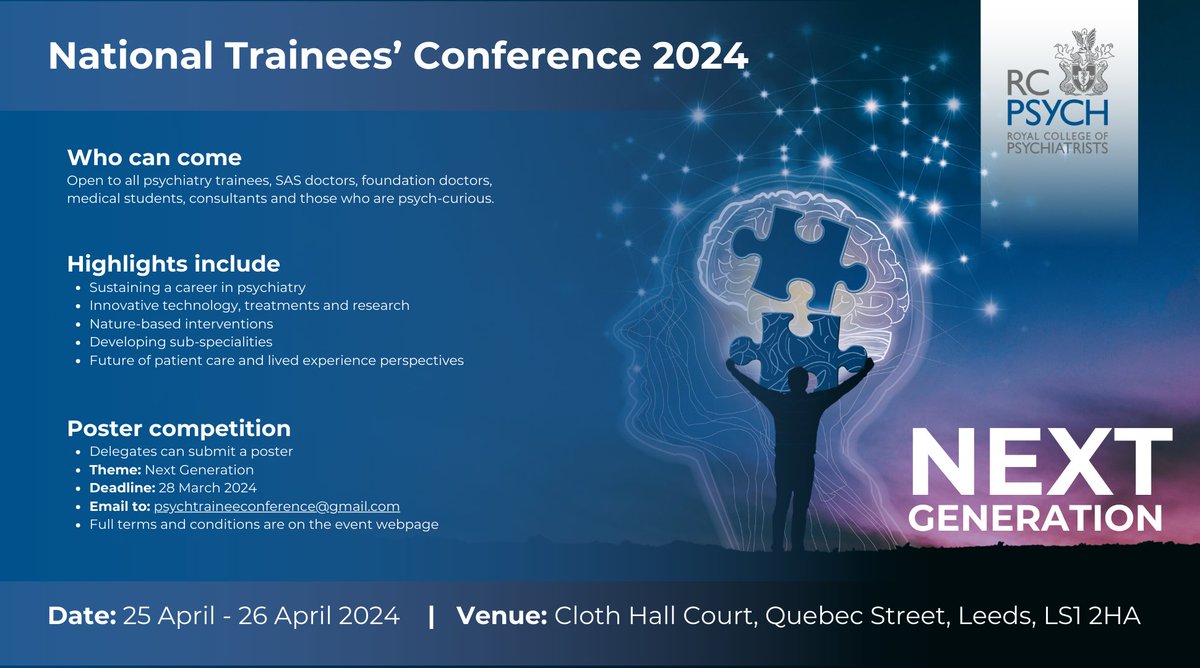 🗓️EIGHT weeks to go until our 2024 Trainees' Conference! Consider future patient care, the role of psychiatrists in the coming decades and how to make psychiatry a sustainable, rewarding lifelong career. Book now to avoid missing out: bit.ly/48DJLQ0 #NextGenPsychiatry