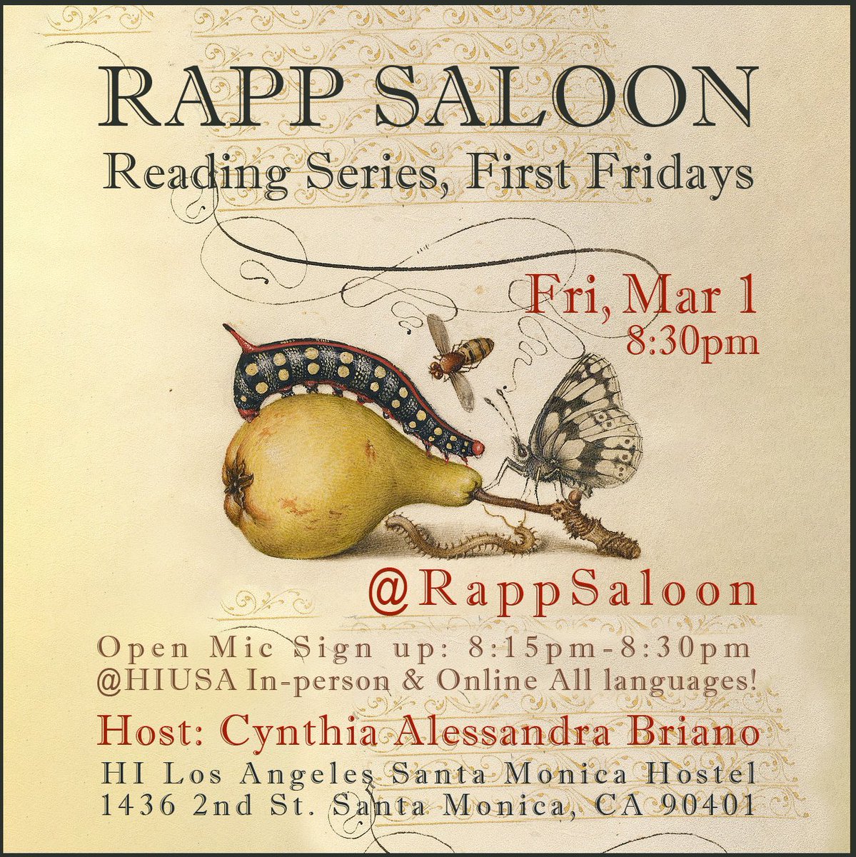 Rapp Saloon Reading Series, First Fridays (@rappsaloon) on Twitter photo Join us IN PERSON/ONLINE <a href="/RappSaloon/">Rapp Saloon Reading Series, First Fridays</a> Reading Series First Fridays on Fri Mar 1, 8:30pm at <a href="/HIUSA/">Hostelling International USA</a>! Host: <a href="/CynthiaABriano/">Cynthia A. Briano</a> Upflift and celebrate Black voices by bringing a poem or excerpt by a Black author to read alongside your own work! Join us IN PERSON/ONLINE <a href="/RappSaloon/">Rapp Saloon Reading Series, First Fridays</a> Reading Series First Fridays on Fri Mar 1, 8:30pm at <a href="/HIUSA/">Hostelling International USA</a>! Host: <a href="/CynthiaABriano/">Cynthia A. Briano</a> Upflift and celebrate Black voices by bringing a poem or excerpt by a Black author to read alongside your own work!