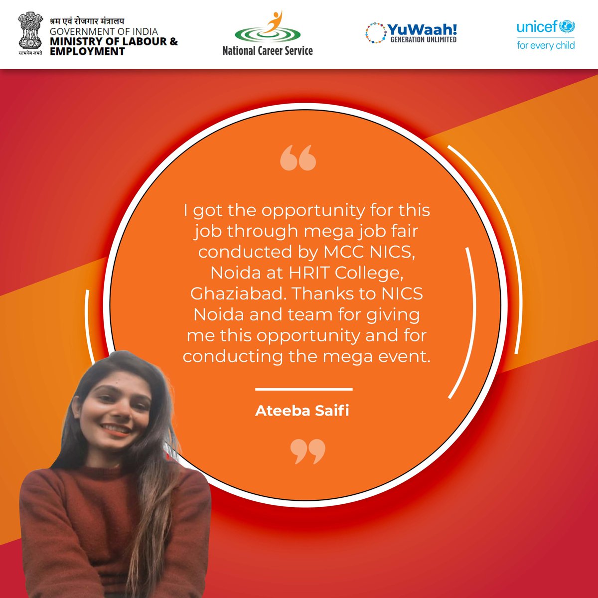 Our young trailblazer - Ateeba Saifi, talks about how being a part of the job fair by @NCSIndia helped her take a step closer to achieving her dreams. Register today on the portal and elevate your career trajectory: ncs.gov.in/Pages/default.… @LabourMinistry @UNICEFIndia