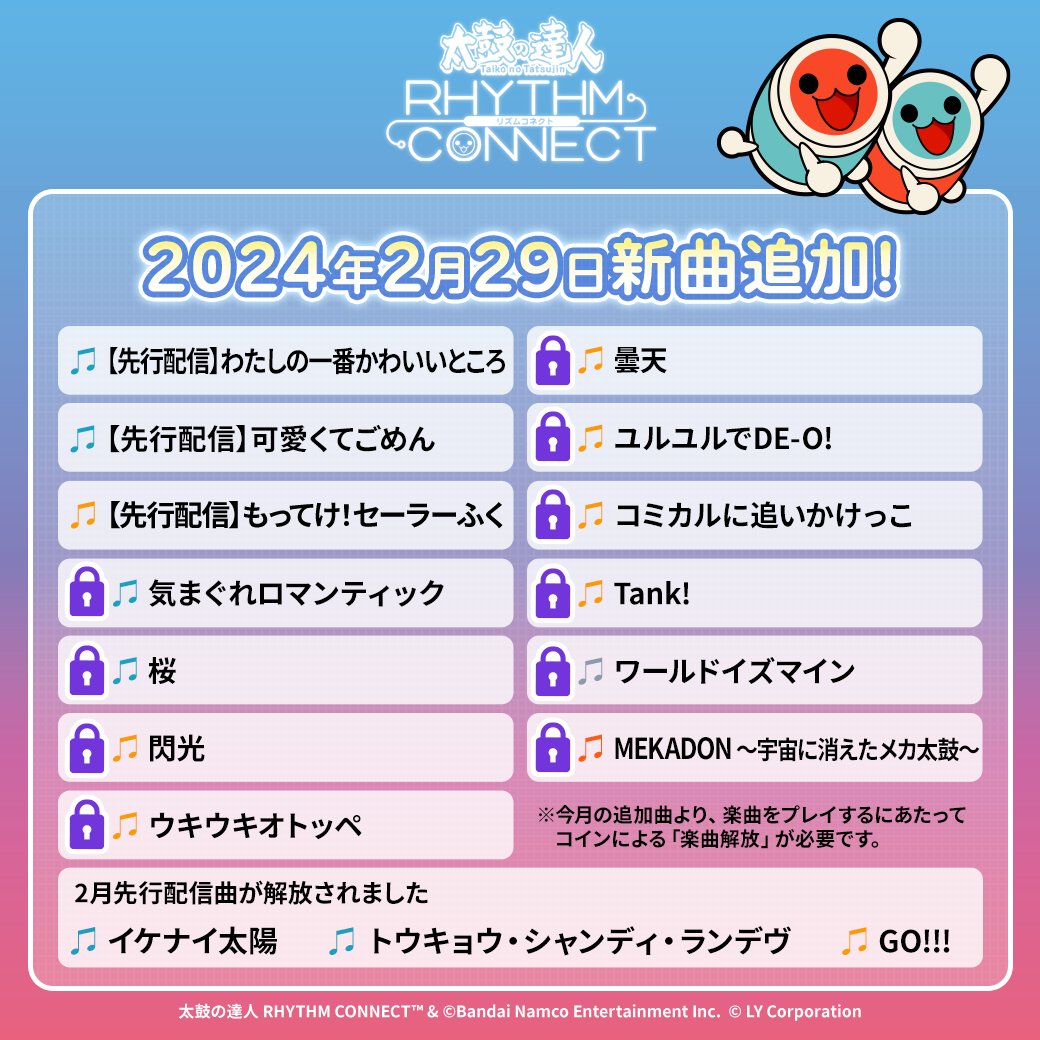 🎎新曲追加キャンペーン🎵 ♪開催期間 新曲追加 2/29 15:00 期間限定デイリーミッション 3/1 4:00～3/13 3:59  先行配信曲3曲を含む、新曲13曲が登場！✨ また、2月先行配信曲が解放されました ※今月の追加曲より、楽曲をプレイするにあたってコインによる「楽曲解放」が  ...